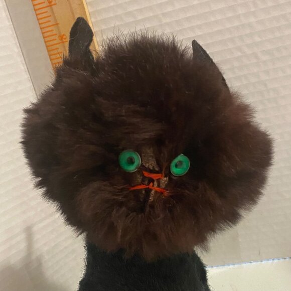 Vtg Mid-Century Black Cat Plush Real Fur Fluffy Face Green Button Eyes 8”x9.5” - Picture 2 of 9